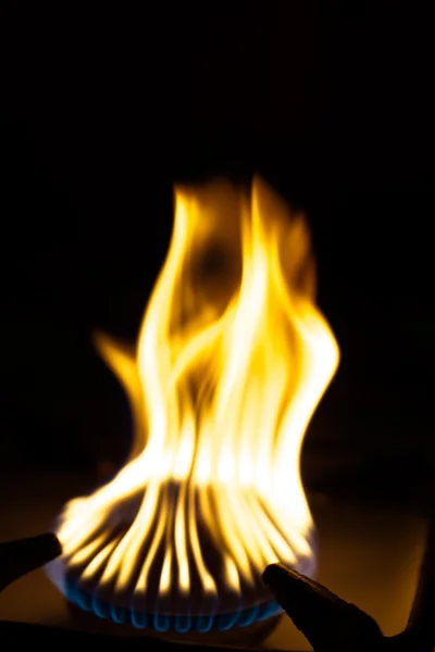 Газ горит на горелке на плите в темноте. Селективный фокус — стоковое фото