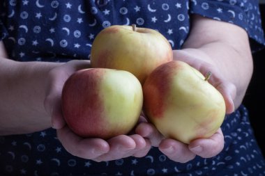 Yaşlı bir kadın elinde taze elma