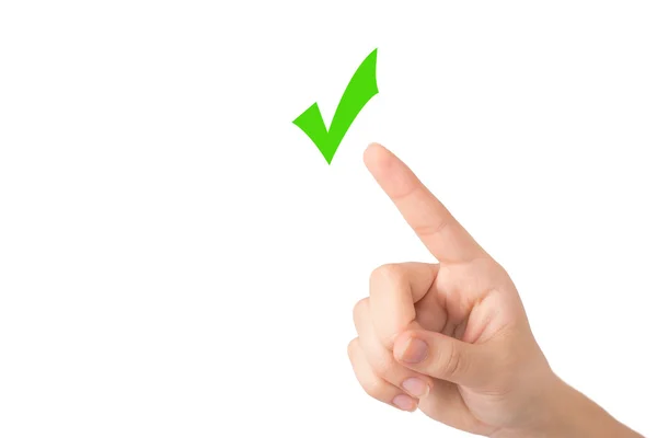 Hand of a young girl points to a sign on a light background — Stock Photo, Image