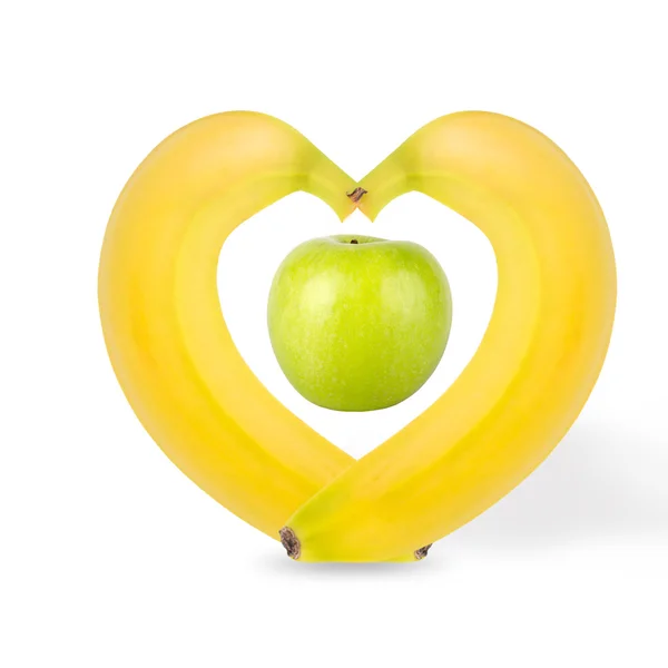 Maçãs verdes com bananas isoladas em fundo branco — Fotografia de Stock