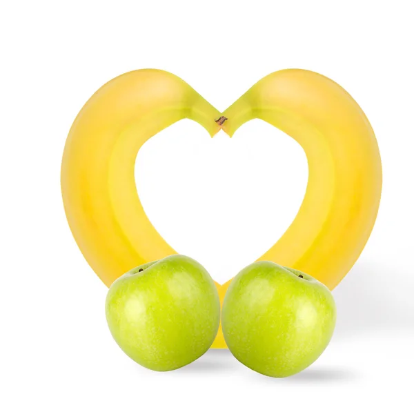 Zelená jablka s banány izolovaných na bílém pozadí — Stock fotografie