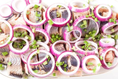 Hafif arka planda oval tabakta kırmızı soğan halkaları bulunan tuzlu ringa balığı. Salamura edilmiş balık. Geleneksel Rus mezeleri.