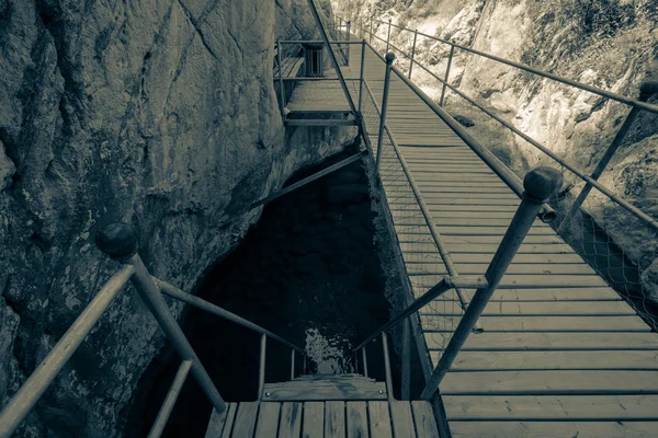 Fußgängerbrücke über den Fluss in der Schlucht. getönt — Stockfoto