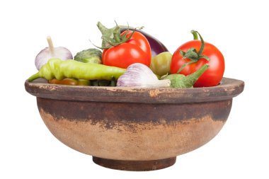 sarımsak, patlıcan, domates, soğan, salatalık ve biber eski