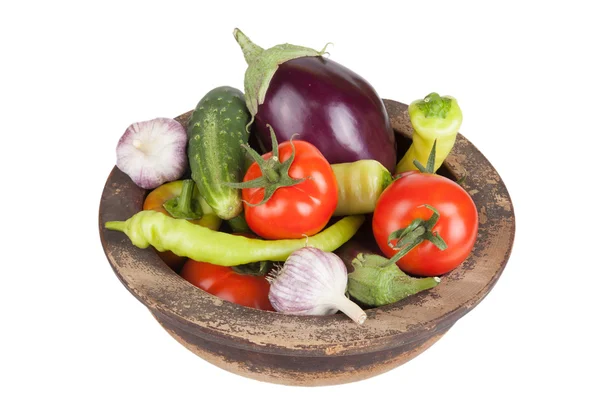 Garlic, eggplants, tomatoes, onion, cucumbers and peppers in old — Stock Photo, Image