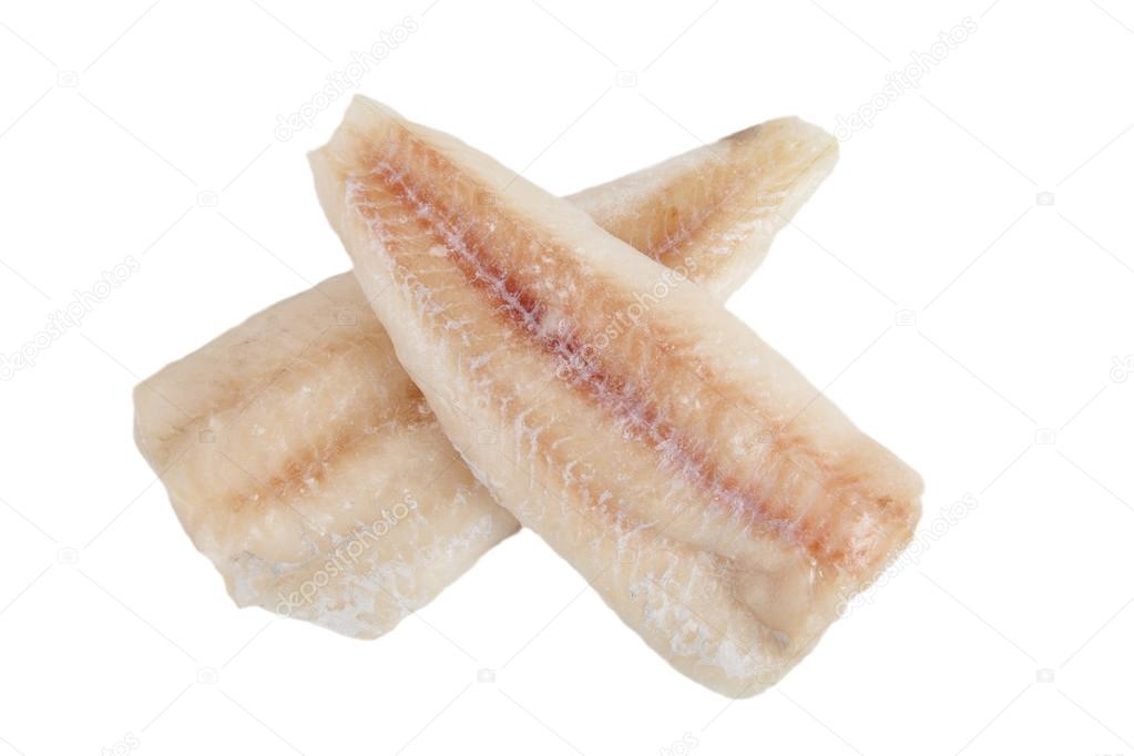 frozen cod fillets without skin isolated on white background
