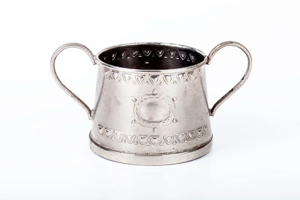 Old sugar bowl with rust stains on white background — Stock Photo, Image