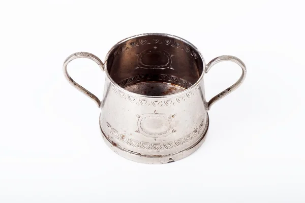 Old sugar bowl with rust stains on white background — Stock Photo, Image