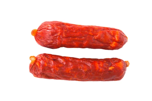 Duas salsichas são isoladas em um fundo branco — Fotografia de Stock