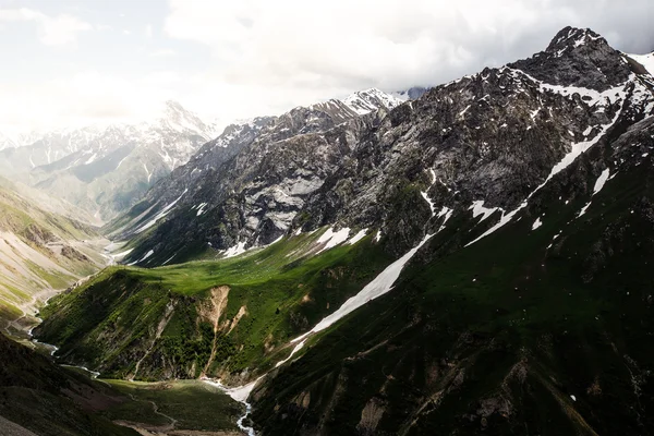 Doorgeven met de gletsjer en groen gras. Fann bergen. Tajikista — Stockfoto