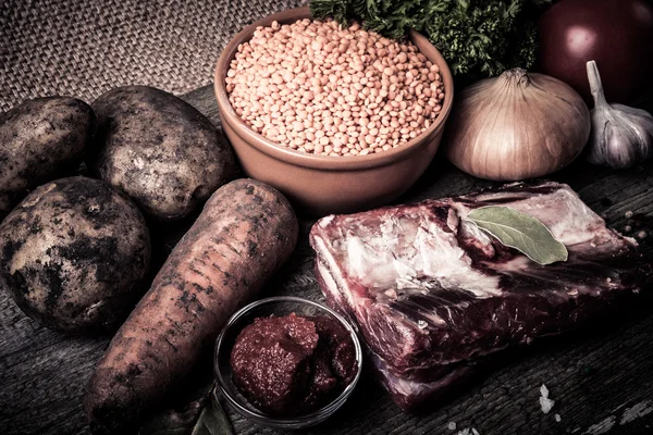 Ingredients for Turkey vegetable soup with red lentils, lying on — Stock Photo, Image