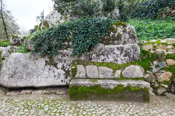 Cobblestone estrada para a espuma do palácio entre as rochas e árvores e — Fotografia de Stock