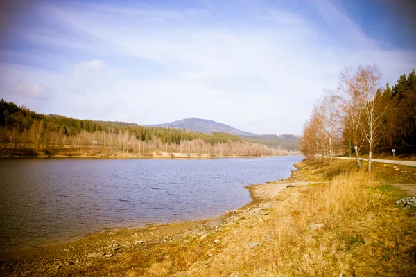호수 보기 및 숲에 단풍이을 산. — 스톡 사진