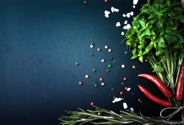 Otlar ve baharatlar. fesleğen, kırmızı biber, tuz ve biberiye bir blac üzerinde