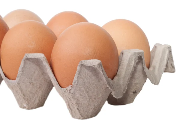 Яйца в коробке изолированы на белом фоне — стоковое фото
