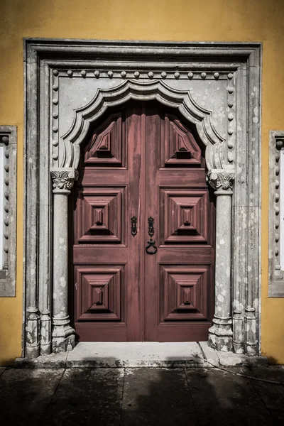 Vecchia porta in legno incorniciata da una pietra intagliata. colorato — Foto Stock