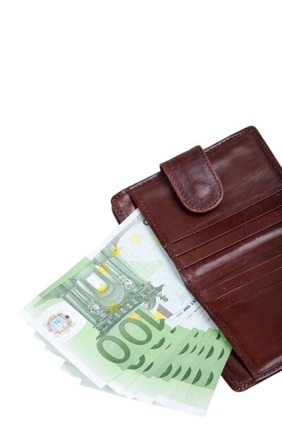Money in your wallet. Several bills of 100 euros. Isolated on wh