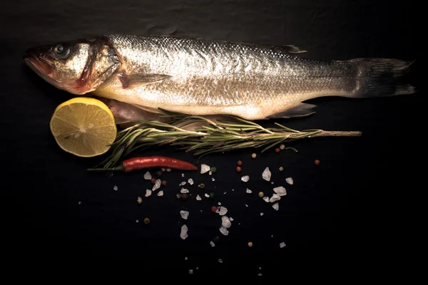 Fresh sea fish lying on dark background with spices. Space for t — Stock Photo, Image