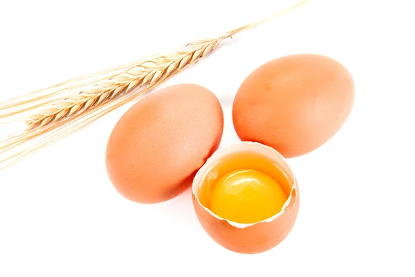 2 전체와 하나의 깨진된 계란 및 밀의 귀 — 스톡 사진