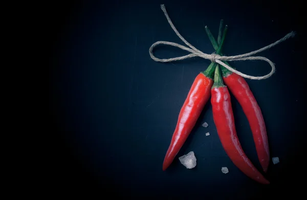 Σχετικές καυτά πιπέρια τσίλι κόκκινο και ένα μεγάλο κρύσταλλο αλάτι σε ένα σκοτεινό — Φωτογραφία Αρχείου