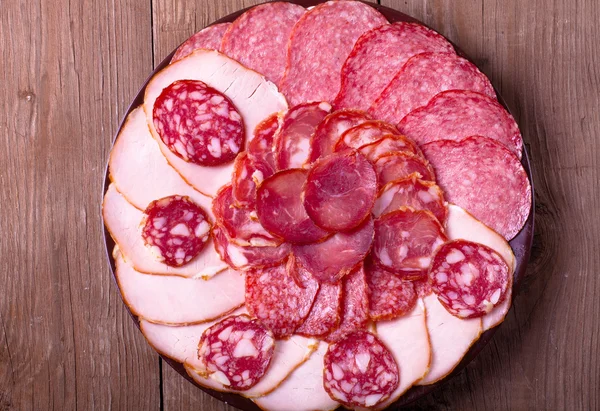 Plate with different kinds of sausages — Stock Photo, Image