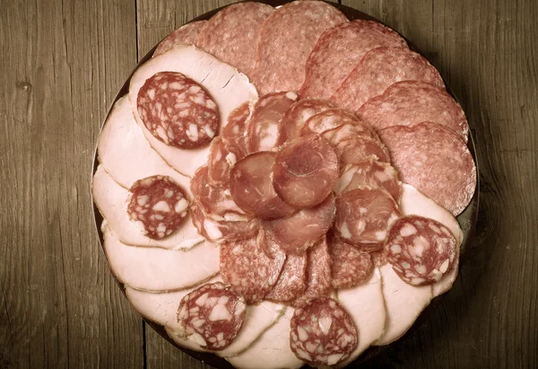 Plate with different kinds of sausages — Stock Photo, Image