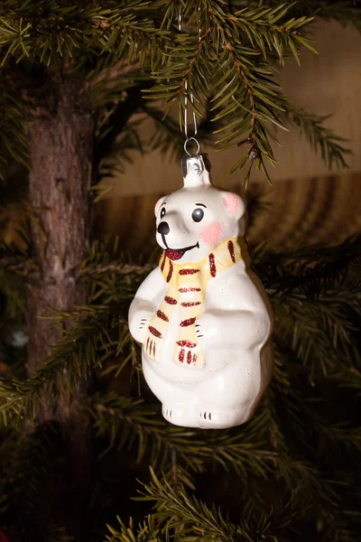 Christmas Toy Polar Bear with scarf hanging on the Christmas tre — Stock Photo, Image