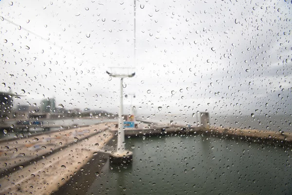 Raindrops on glass cabin funicular in Lisbon. Portugal — Stock Photo, Image