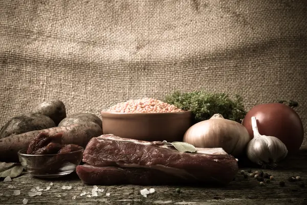 Ingredients for Turkey vegetable soup with red lentils, lying on — Stock Photo, Image