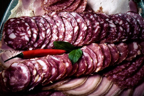 Тарілка з різними видами нарізаної ковбаси та червоного гарячого чилі — стокове фото