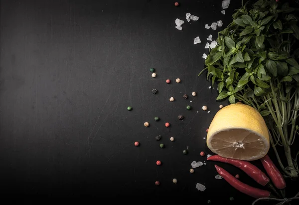 Byliny a koření. Červenou papriku, sůl a Jozef na černém pozadí — Stock fotografie