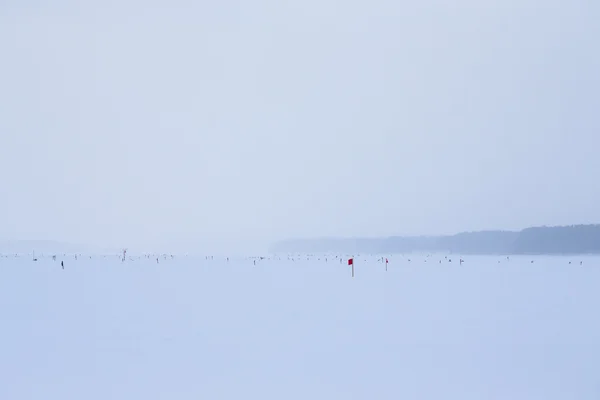 Vele rode vlaggen op de met sneeuw bedekte veld — Stockfoto