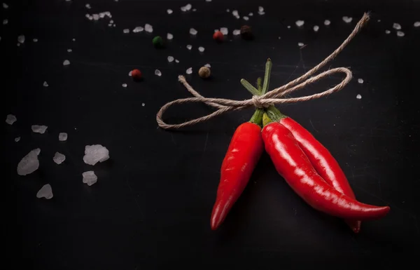 Drie hete rode chili peper gerelateerde door bindgaren met zeezout en co — Stockfoto