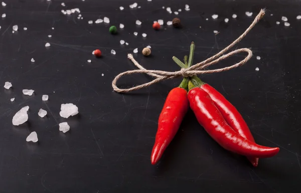 Three hot red chili pepper related by twine with sea salt and co — Stock Photo, Image