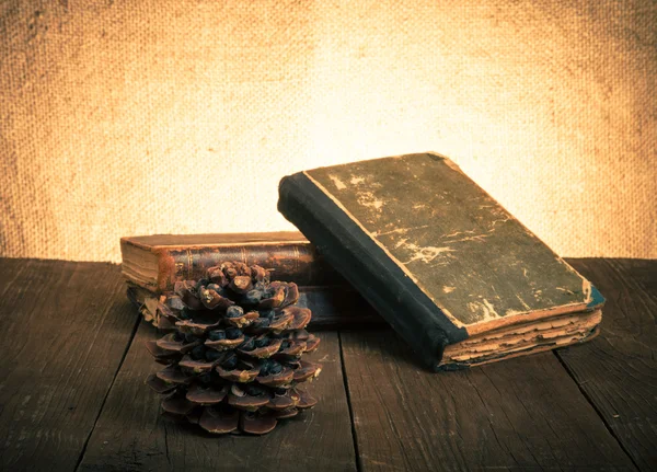 Een stapel van oude boeken en dennenappel op oude houten tafel tegen t — Stockfoto