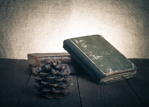 A stack of old books and pine cone on old wooden table against t — Stock Photo, Image