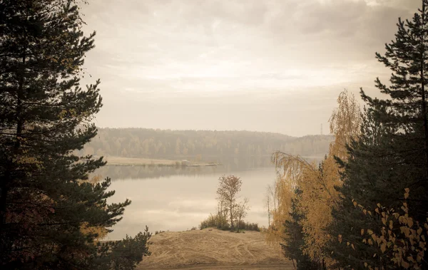 Lago en el bosque y hermosas nubes. Paisaje. Tonificado — Foto de Stock