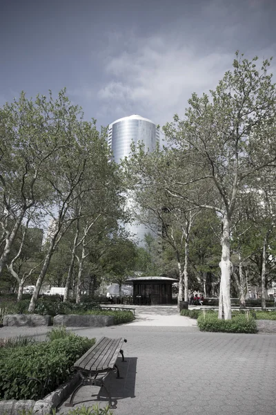 New York, zona Battery Park. Alberi e grattacieli su un sole — Foto Stock