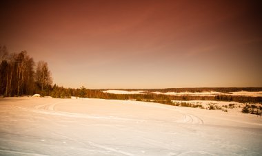 Karla kaplı alan orman ve mavi gökyüzü yakınındaki. Kış. Tonda