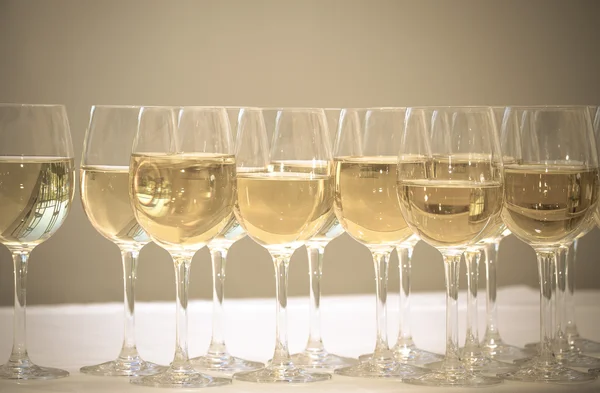 Stemware of champagne on a white table. Banquet. Toned — Stock Photo, Image