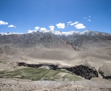Karla kaplı tepeler ve mavi gökyüzünde bulutlar dağlar