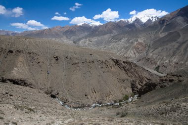 Karla kaplı tepeler ve mavi gökyüzünde bulutlar dağlar