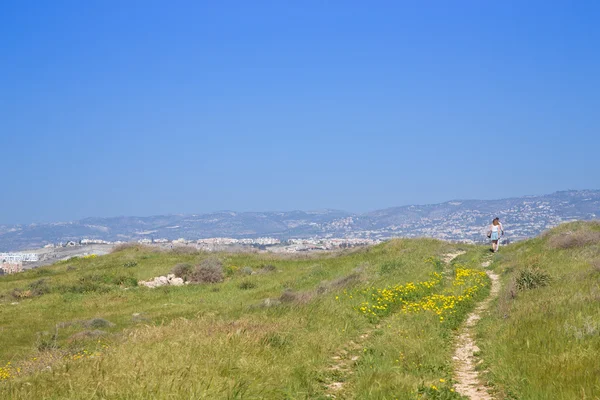 Homem caminhando pela estrada em um prado verde com flores amarelas e — Fotografia de Stock