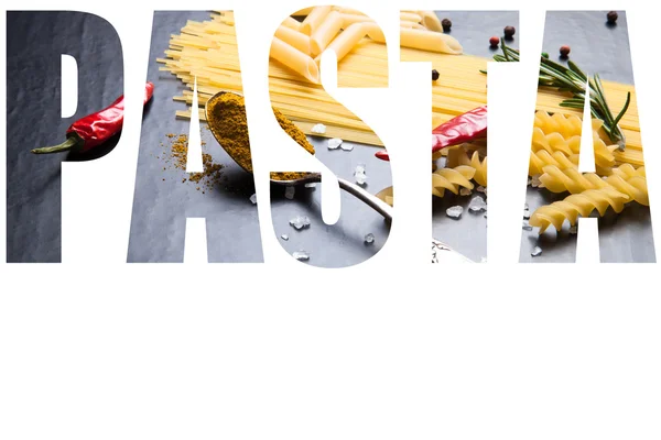 Word PASTA over Different kinds of pasta, red chili pepper, rose — Stock Photo, Image