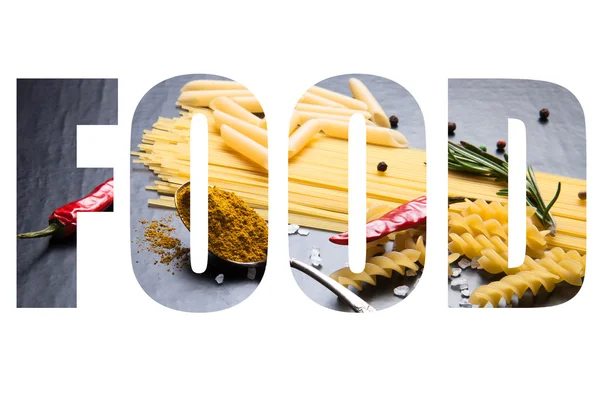 Word FOOD over Diferentes tipos de pasta, chile rojo, rosa —  Fotos de Stock