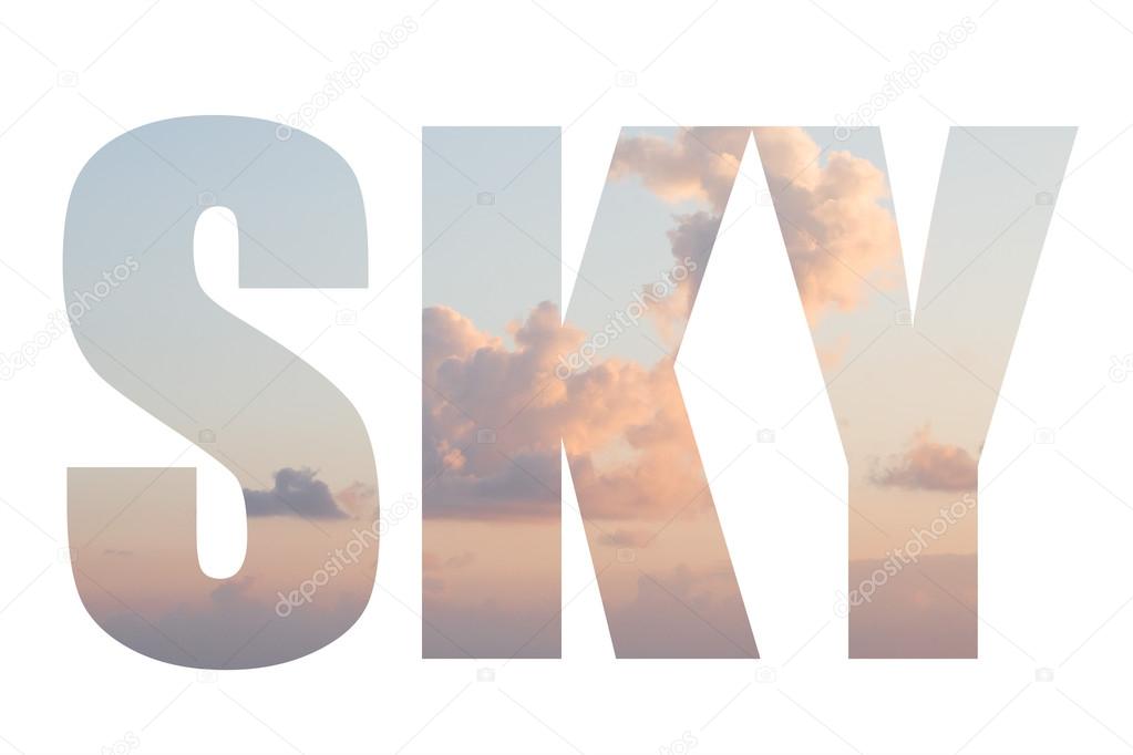 Word SKY over landscape with sunrise sky with clouds