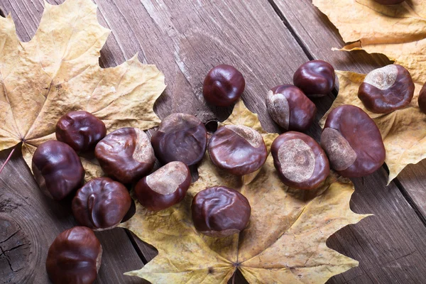 Chestnuts and autumn leaves on a old wooden table — Stock Photo, Image
