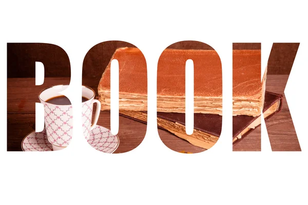Beyaz bir arka plan üzerinde başlık kitap. fincan kahve, reçel ve yaşlı boo