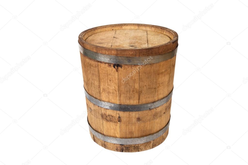 Inverted oak barrel with steel rings isolated on a white backgro