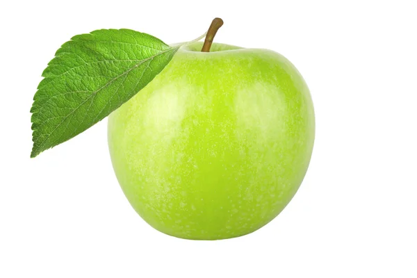 Manzana verde con hoja aislada sobre fondo blanco —  Fotos de Stock